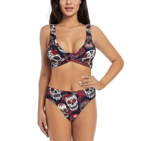 Bathing Suit For Women  Skull Rose Flowers High Waisted Bikini Set Bathing Suit Cross Lace Up Swimsuit