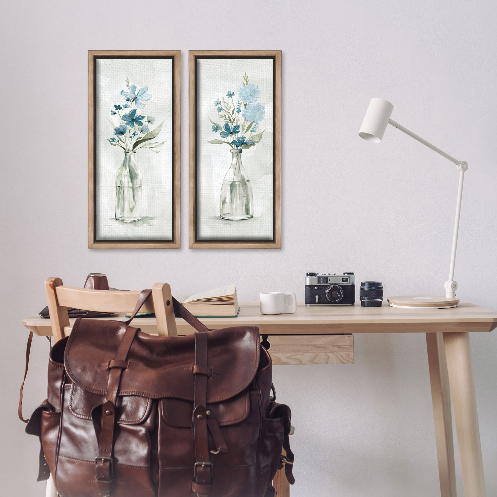 Stupell Industries Elegant Indigo Lilac Flower Jars Botanical & Floral Painting Brown Floater Framed Canvas Art Print Wall Art, 11 x 25, Set of 2