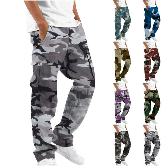 Jinhomg Cargo Pants for Men Casual Camo Print Thin Hiking Trouser Relaxed Fit Drawstring Work Pant Multi Pockets Fit Tactical Pants Purple,S