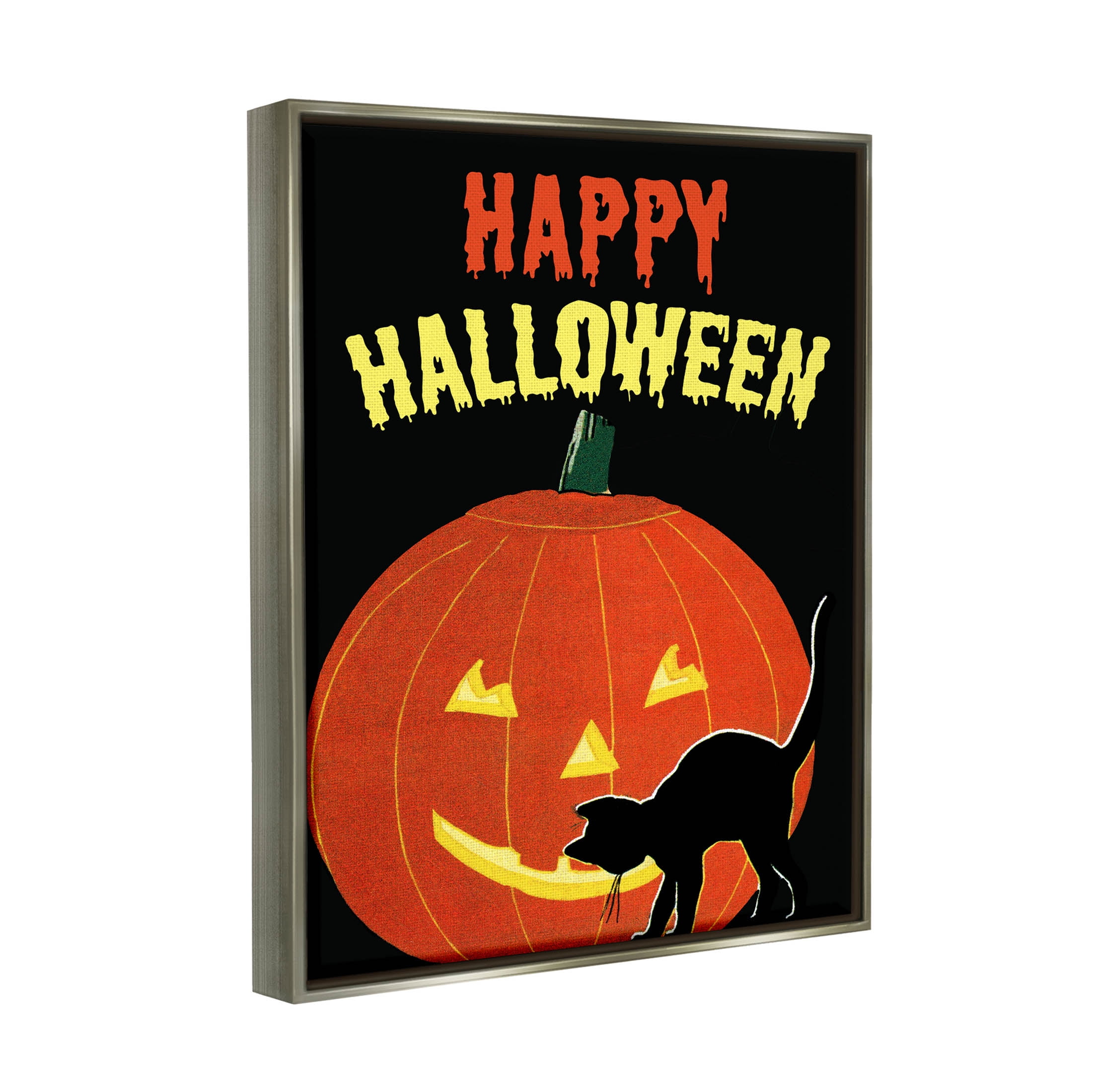 Stupell Industries Happy Halloween Haunted Jack-o-Lantern Graphic Art Luster Gray Floating Framed Canvas Print Wall Art, Design by The Saturday Evening Post
