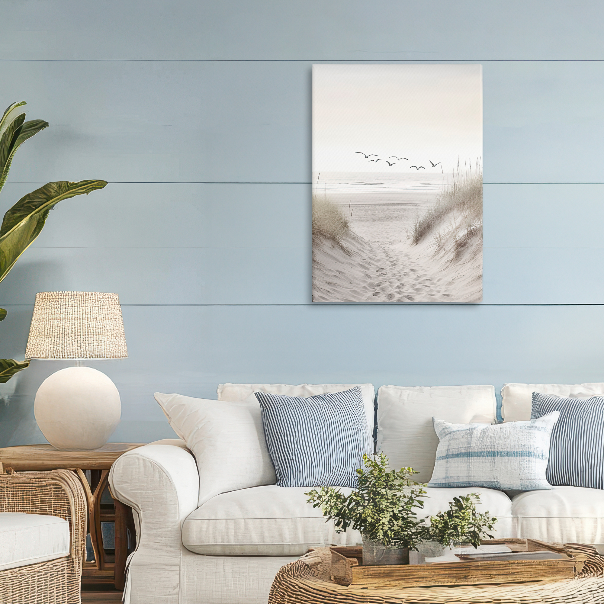 Seagulls over Sandy Footprints Canvas Wall Art, design by Decent Exposures
