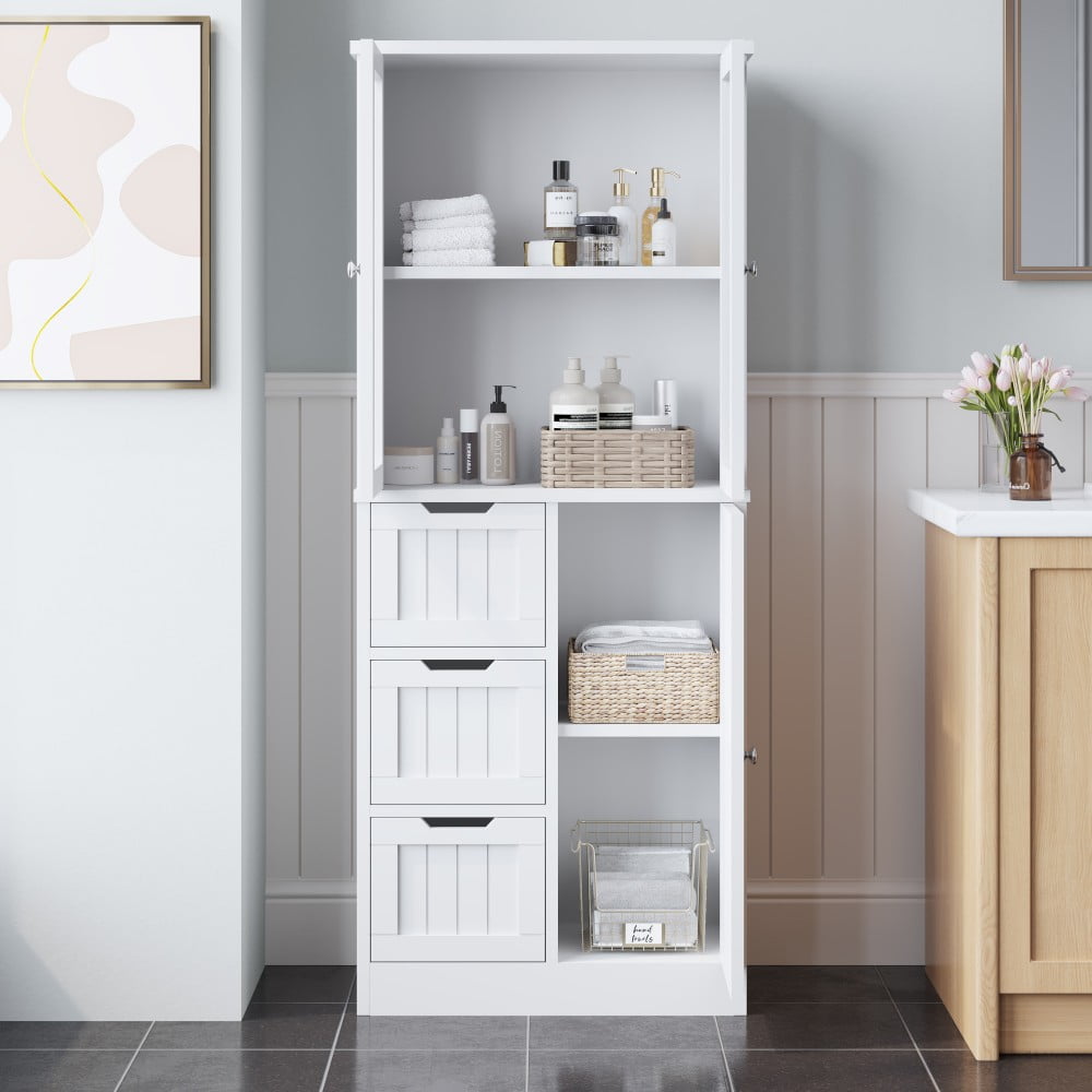IVV 58" Freestanding Bathroom Cabinet with Glass Doors and 2 Drawers, Kitchen Pantry Storage Cupboard for Bathroom, Living Room, Dining Room, Office, White