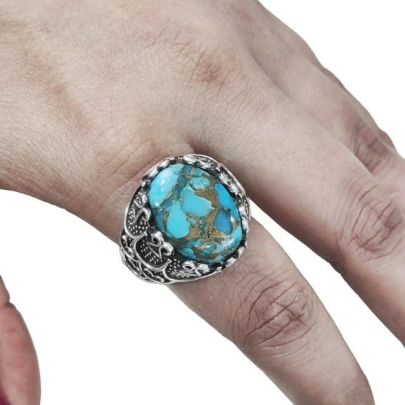 Blue Copper Turquoise Mans Ring, Natural Copper Turquoise Ring, Silver Jewelry, 925 Silver Ring, Birthday Gift, Heavy Mens Ring, Arabic Design, Ottoman Style Ring, Christmas, Turkey Mens Signet Ring