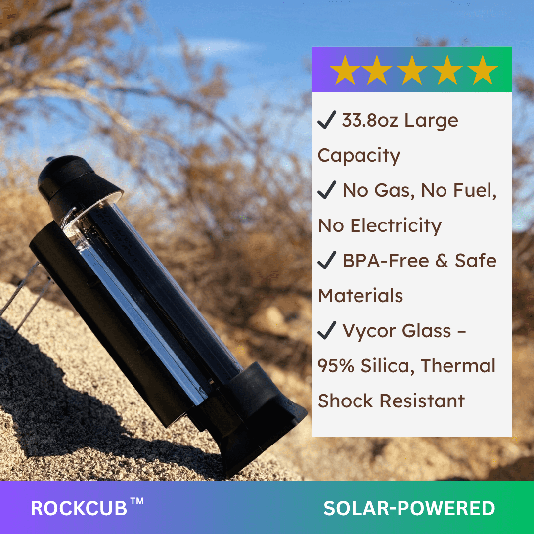 Rockcub Solar Kettle – Portable Solar Water Heater for Outdoor Camping, Hiking, Emergency Boiling, Survival Gear, Eco-Friendly Solar Powered Thermos Bottle -33.8 Fl Oz. Capacity