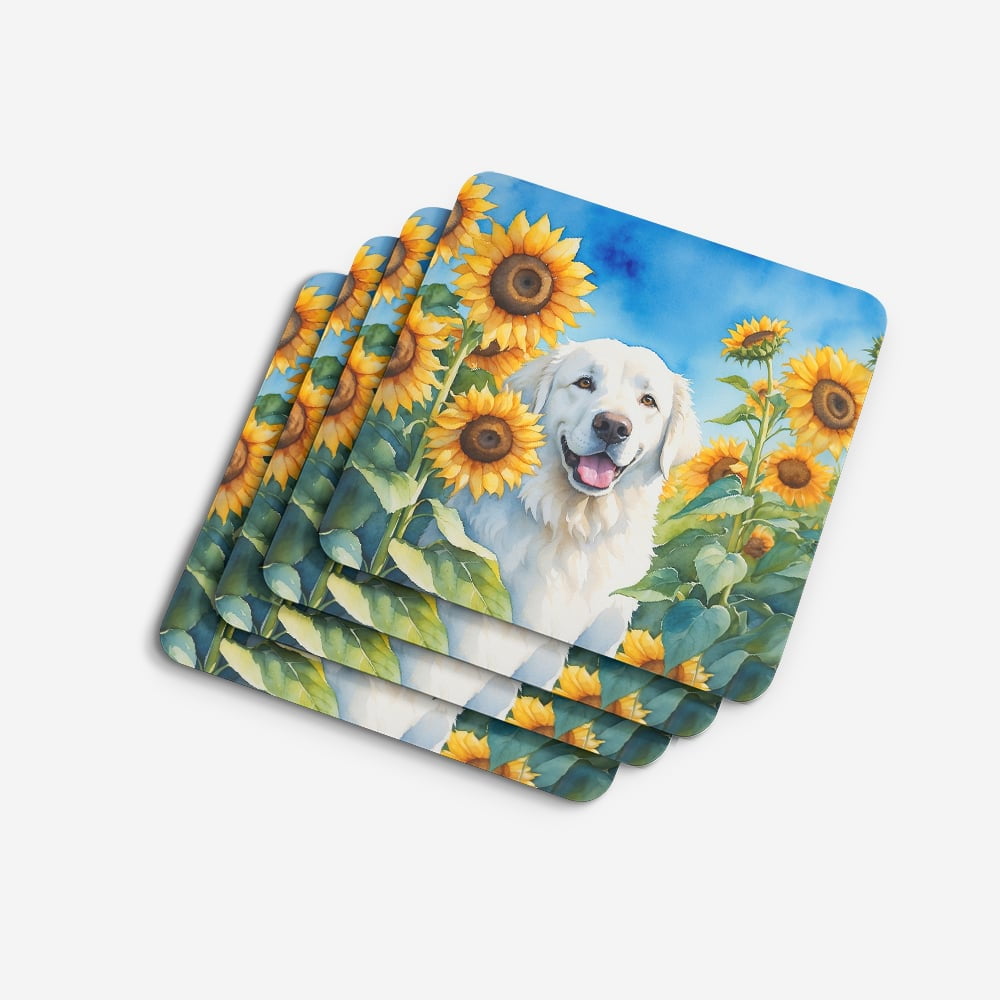 Kuvasz in Sunflowers Foam Coasters 3.5 in x 3.5 in