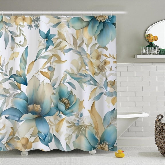 Teal Blue Gold Floral Shower Curtain for Bathroom Yellow Flowers Boho Fabric Bathtub Curtain Set Botanical Plants Leaves Bath Home Decor Waterproof Shower Curtains 72x72 inches with Hooks