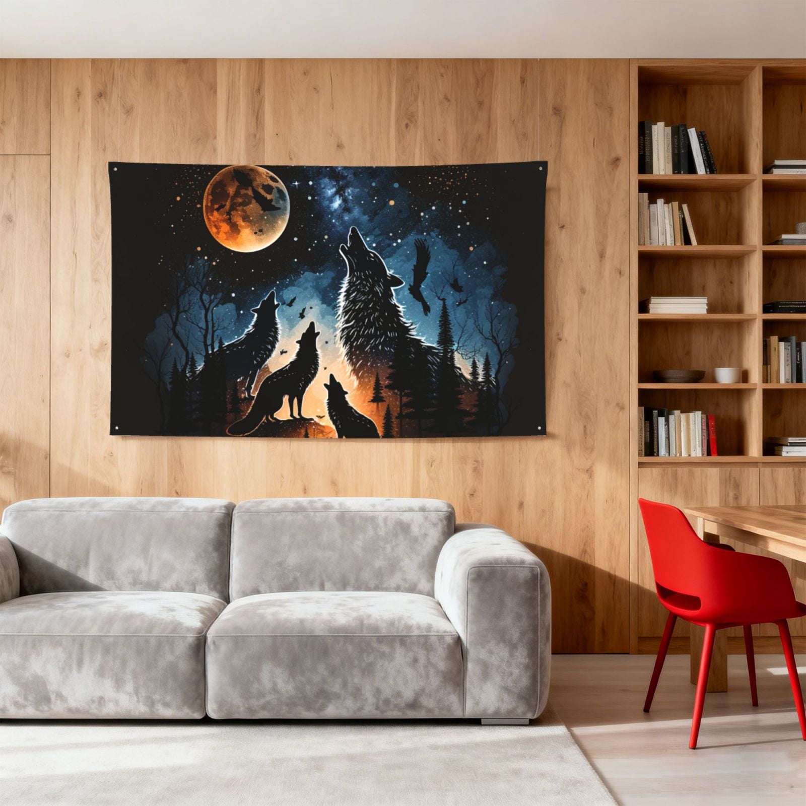 Wolf Howling Wolves Moon Night Stars Four Hole Decorated Banner Flag for Garden Yard Home Decoration Indoor Outdoor 4x6 Ft