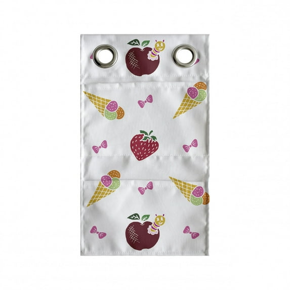 Ice Cream Hanging Pocket Organizer, Colorful Summer Apple Worms Hearts and Bows Strawberries, Printed Polyester Storage Bag with Pockets, 9" x 16", White Multicolor
