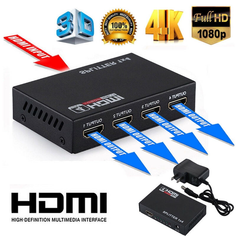 HDMI Splitter 1 in 4 Out V1.4 Powered 1x4 Ports Box Supports 4K30Hz