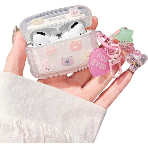 Compatible with AirPods Pro Clear Case,Cute Cartoon Animals Pattern Wave Frame Design with Pink Love Star Bear Keychain, Soft TPU Protective Shockproof Case for Airpod Pro for Girls Women