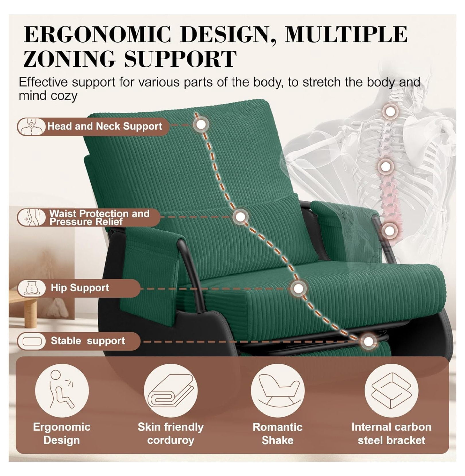 Rocking Chair , Low-Seat Glider Chair, Upholstered Rocking Chair with Side Pocket and Foot Rest, Comfortable Modern Accent Armchair Recliner for Mom Living Room Bedroom Green