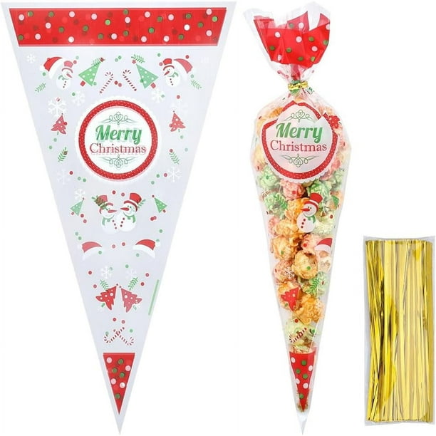 100 bolsas navideñas tipo cono, diseño de muñeco de nieve, árbol de Navidad, dulces, bolsas triangulares de plástico con 100 bridas doradas.
