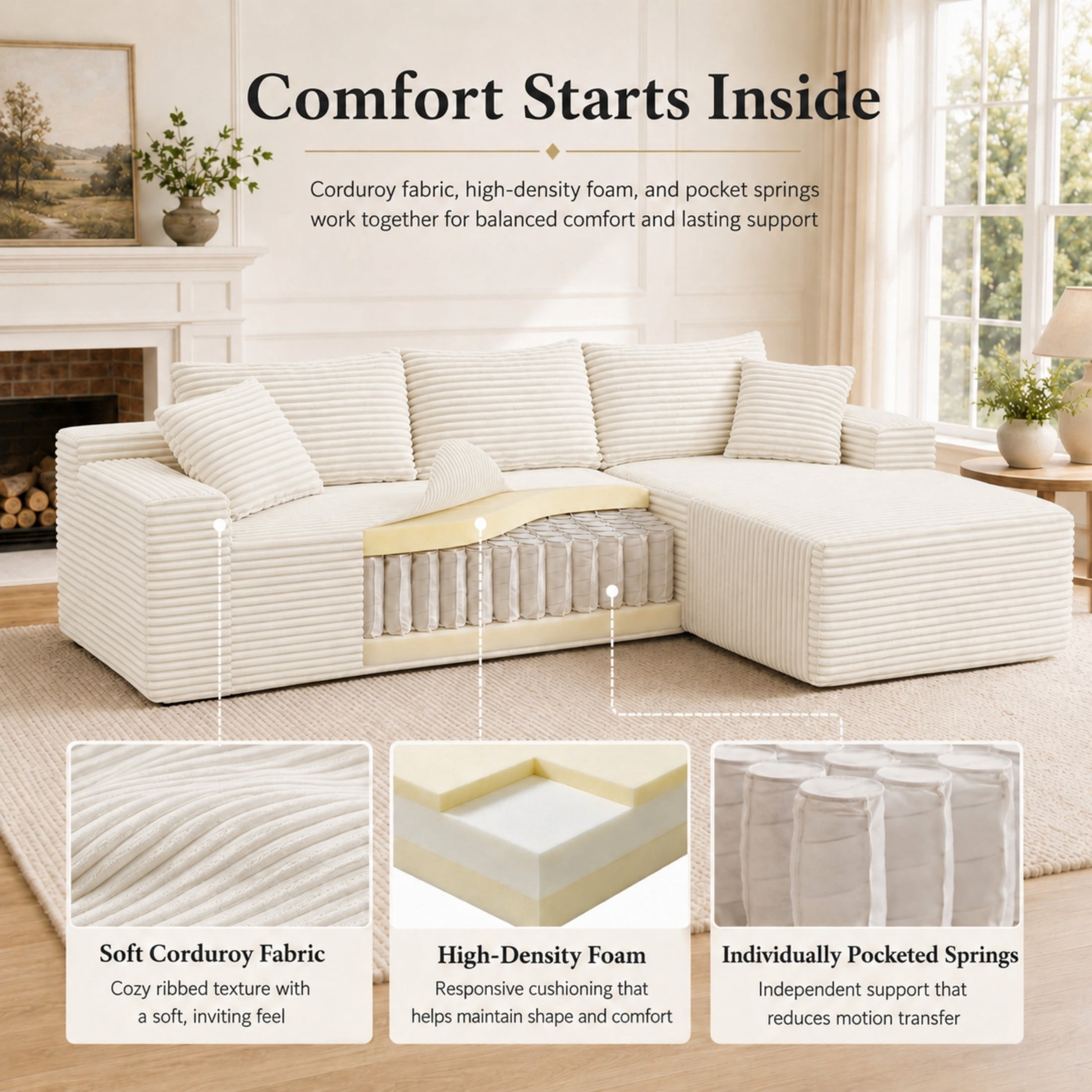 Aenkyo 106 Inch Corduroy L-Shaped Cloud Sectional Sofa with Reversible Chaise, Cream