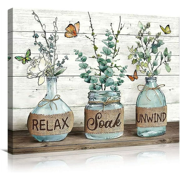Farmhouse Bathroom Decor Wall Art Rustic Bathroom Art Cotton In Mason Jar Theme Picture Relax Soak Unwind Sign Flower Canvas Picture Wood Background Bathroom Pictures Artwork Framed 12"X16"