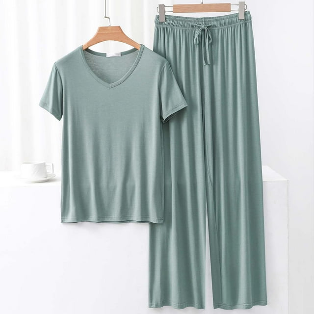 TACILIP Ensembles 2 Pcs pour Femmes Ensembles de Détente d'Été Tenues Col en V Manches Courtes Hauts Pantalons à Jambes Larges Pyjamas pour Femmes Ensemble