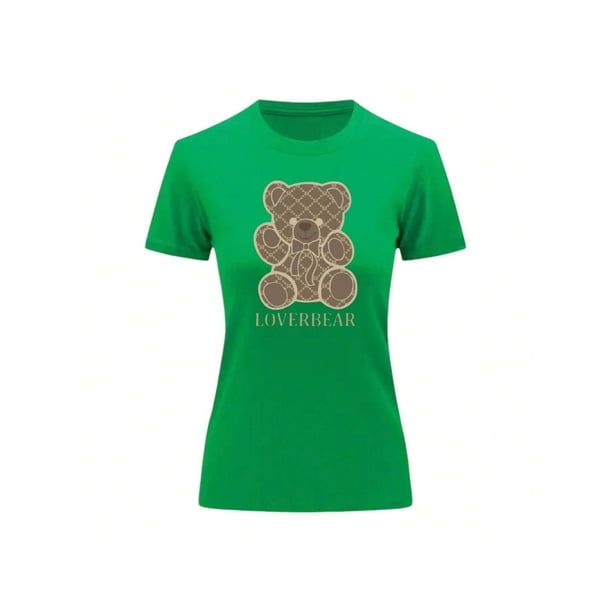 Playera Blusa Con Impresion De Oso LoverBear Con Fondo De Dinero Ropa De Mujer Juvenil Color Verde Talla Grande Marca Emil SaEs