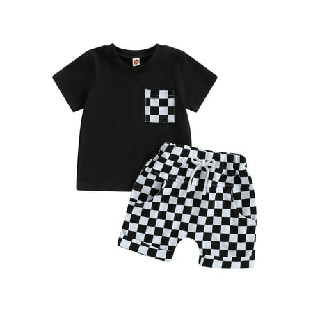 

Baby Boy Girl Summer Outfits Checkered Plaid Short Sleeve T-Shirt Top Shorts Set Trendy Toddler Checkerboard Outfit