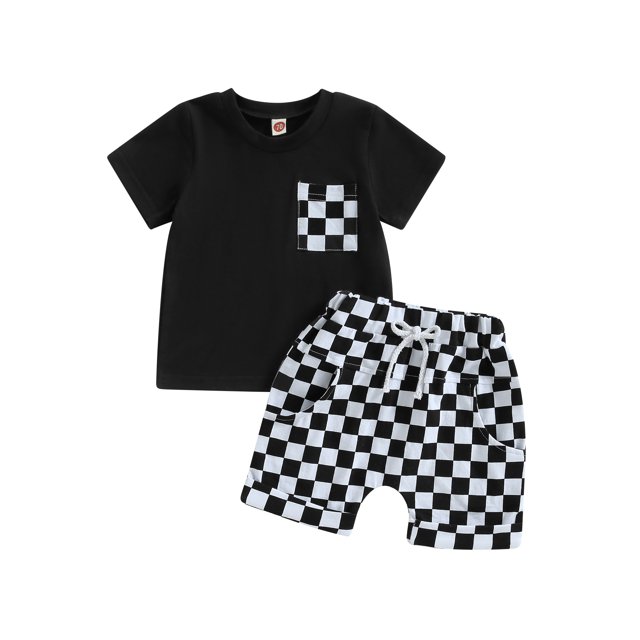 Faithtur Ensemble d'Été 2 Pcs pour Tout-Petit Bébé, T-Shirt à Manches Courtes avec Poche + Ensemble de Shorts à Carreaux