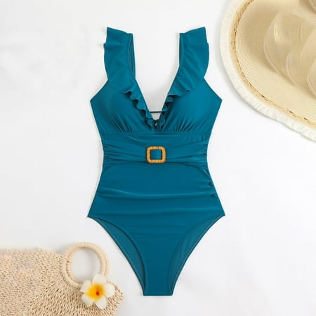 Tummy Control Swimsuit Womens Holidays Summer V Neck Solid Sexy Casual Swimsuit Bikini Blue Women Blending Bikinis S