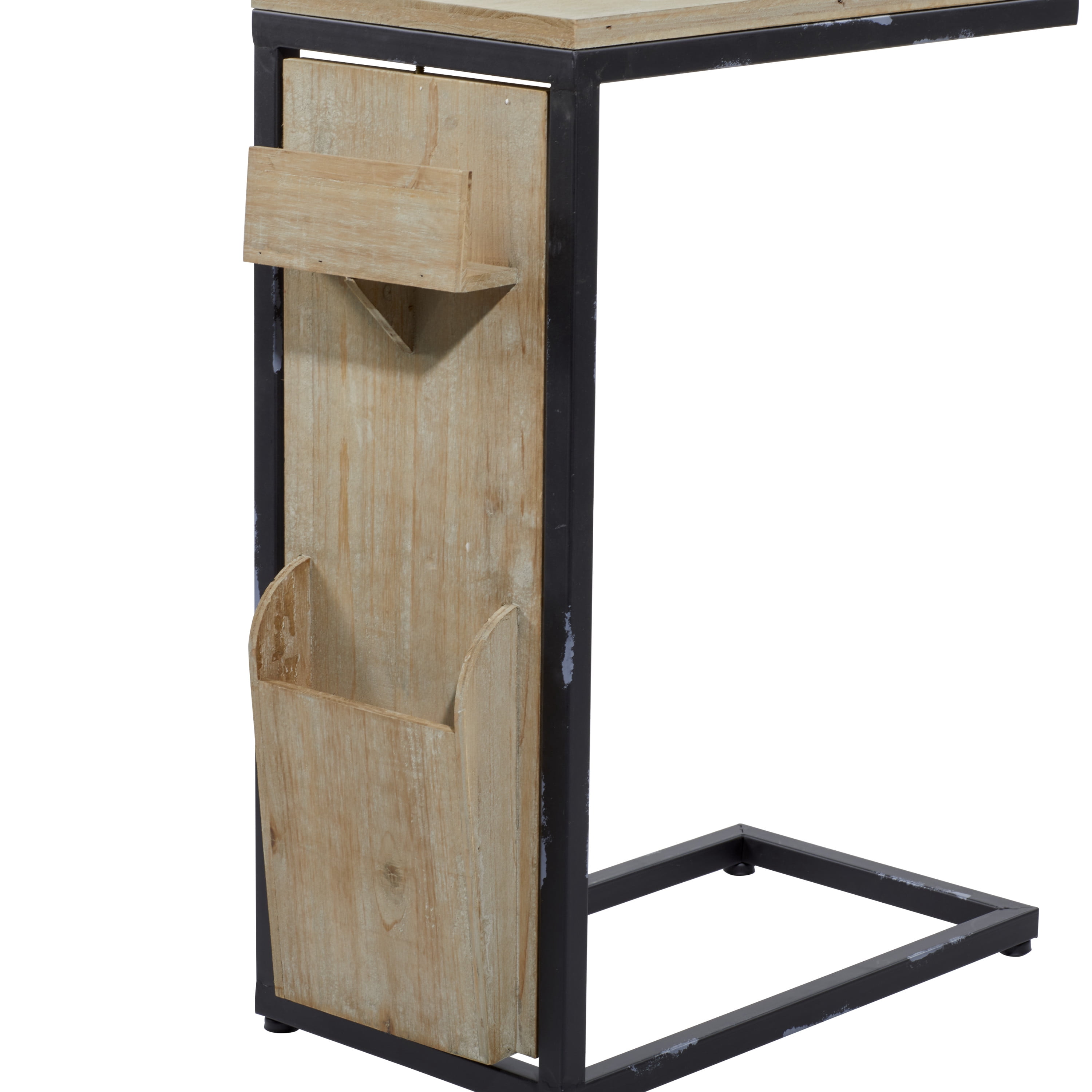 DecMode Wood Industrial C Shaped Accent Table with Storage Slots and Light Brown Finish, 20"W x 24"H