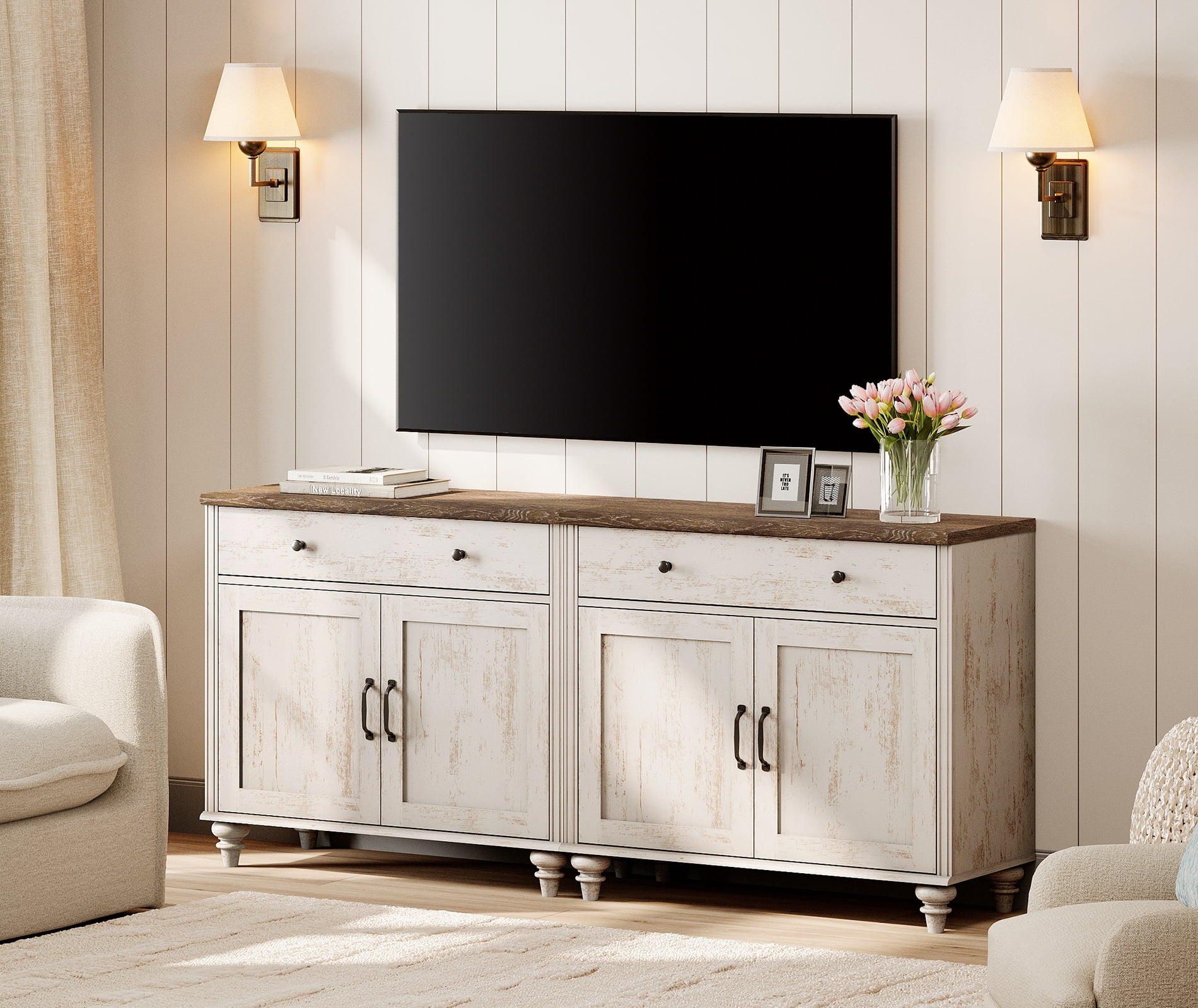 2-in-1 TV Stand, Farmhouse Wood Console Table Storage Cabinet for Living Room, Kitchen Sideboard Buffet Cabinet With Glass Door for Dining Room, Rustic White