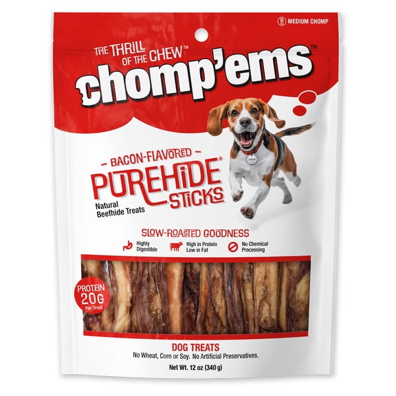 Chomp 'ems Purehide Chews - Slow Roasted Naturally Delicious Rawhide Dog Treats - High Protein Beef Hide - Bacon Flavor, Sticks, 12 Oz.