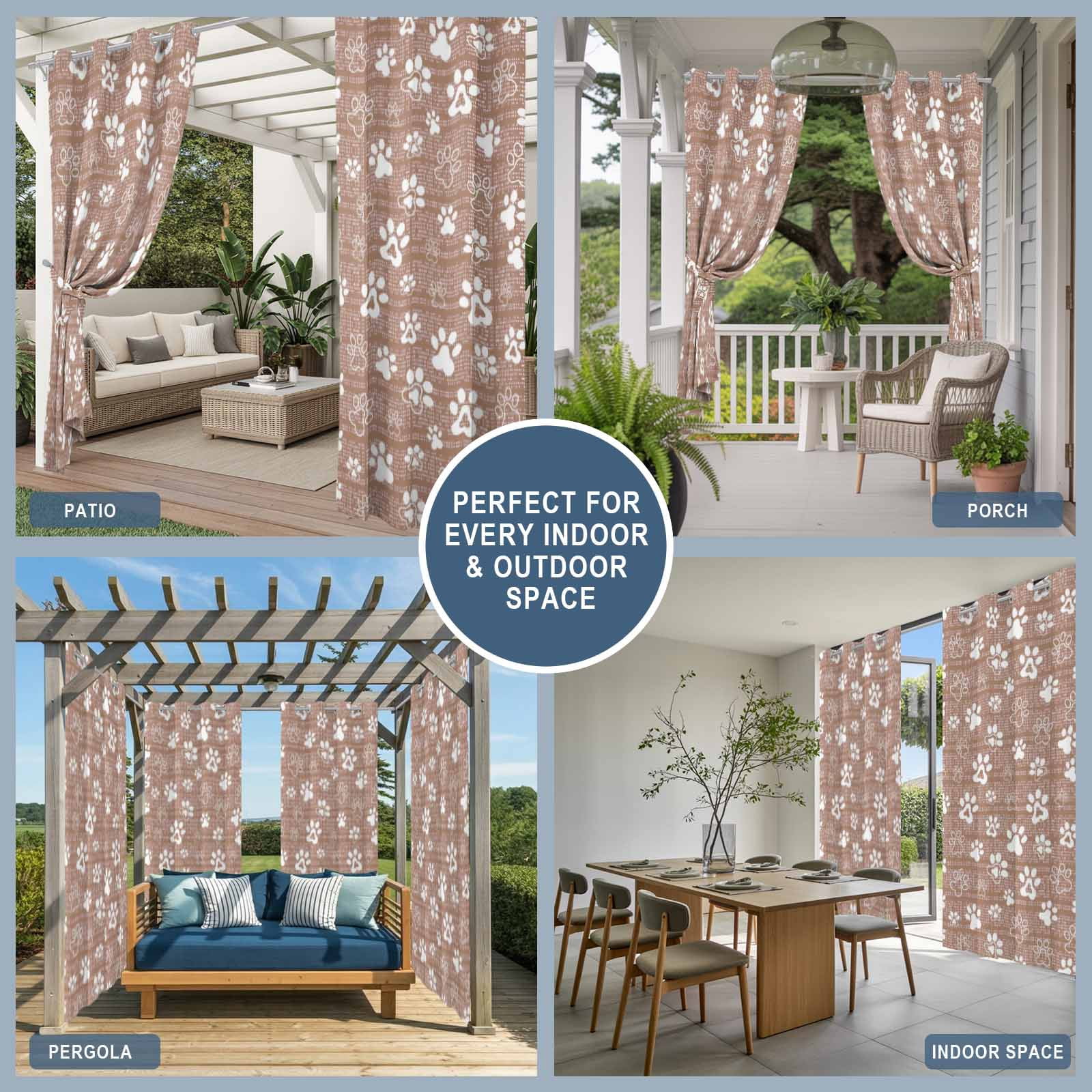Brown Paw Print Outdoor Curtains for Patio, Modern Classic Gray White Animal Large Paw Pattern Plaid Sunshade Privacy Drapes Grommet Waterproof Outside Curtains for Porch Balcony 54"x108", 1 Panel