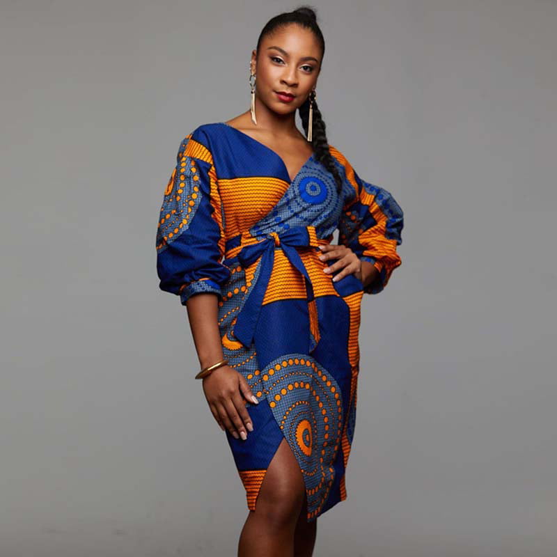 Woman Long Sleeve dress African geometric Printed V Neck Pleated Pocket dress