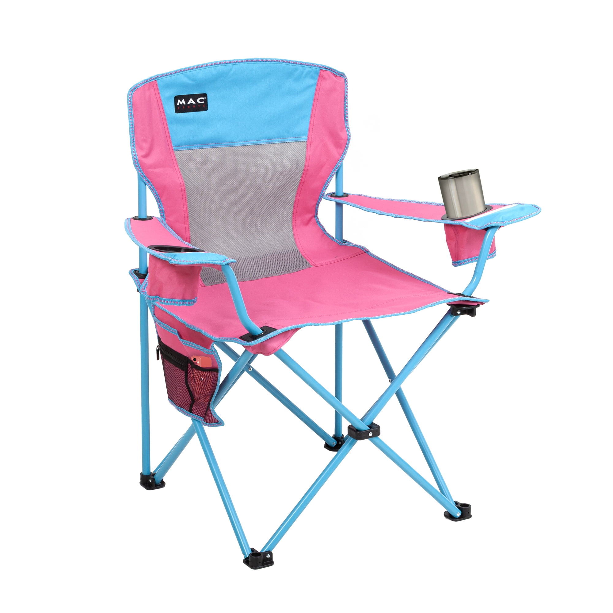 Macsports Oversized Folding Camp Chair with Cup Holders, Pink with Blue Accents and Frame