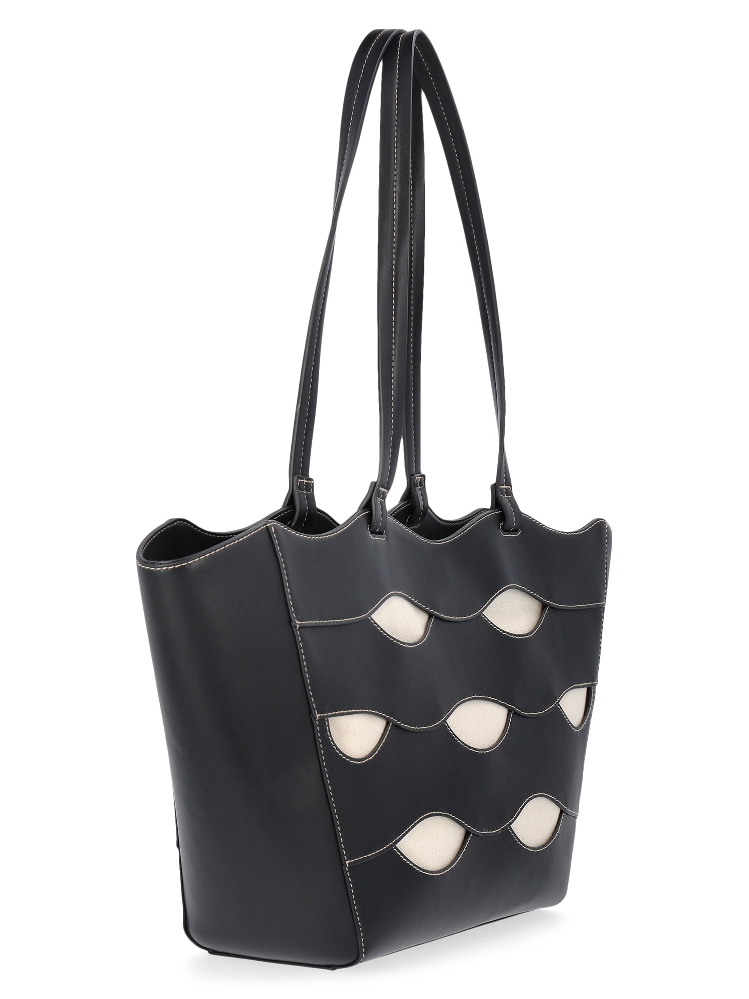 Free Assembly Women's Allegra Faux Leather Cut Out Tote Handbag, Black/Cream