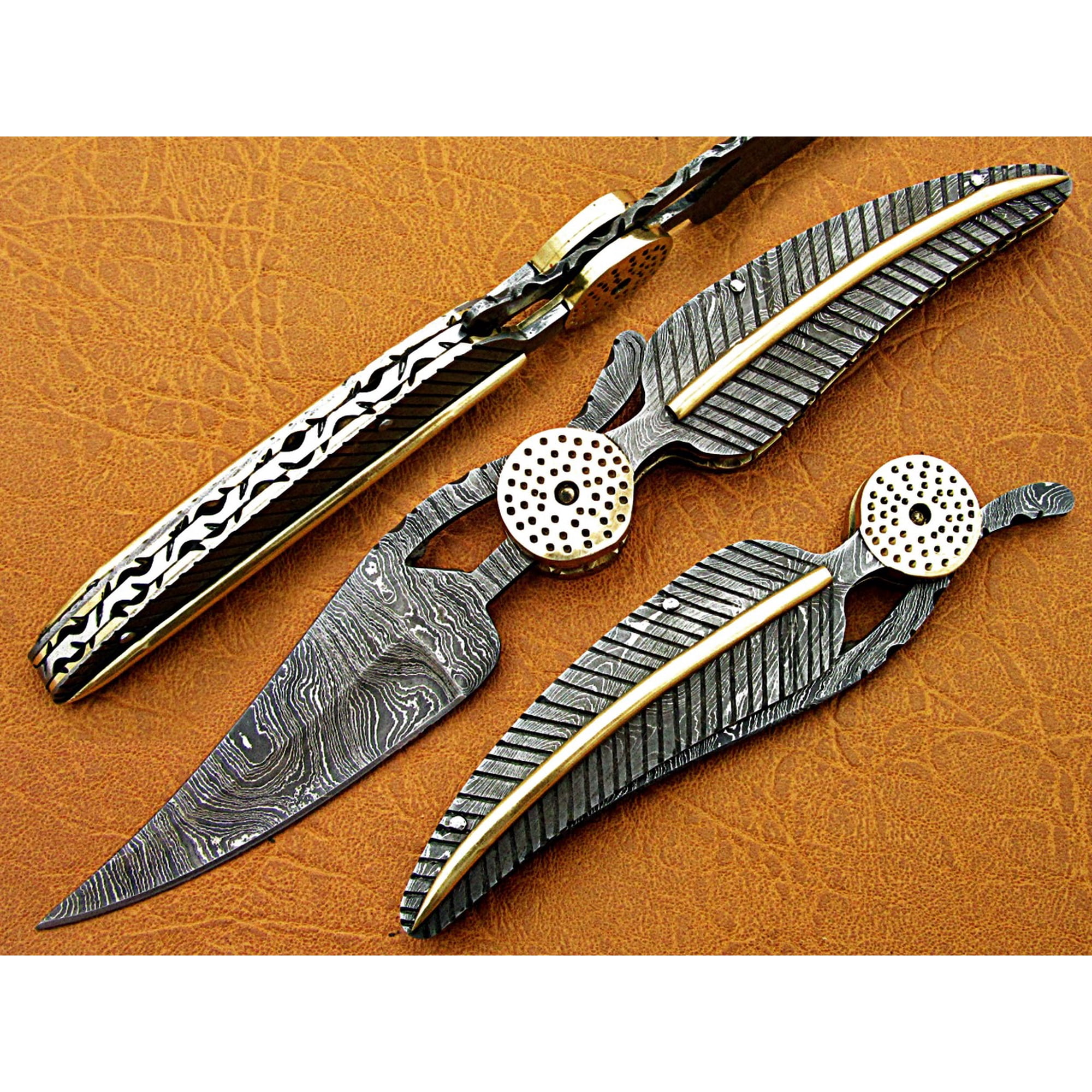 8 hand forged Damascus steel leaf folding pocket knife custom made Engraved Damascus scale with bras art work cow leather sheath