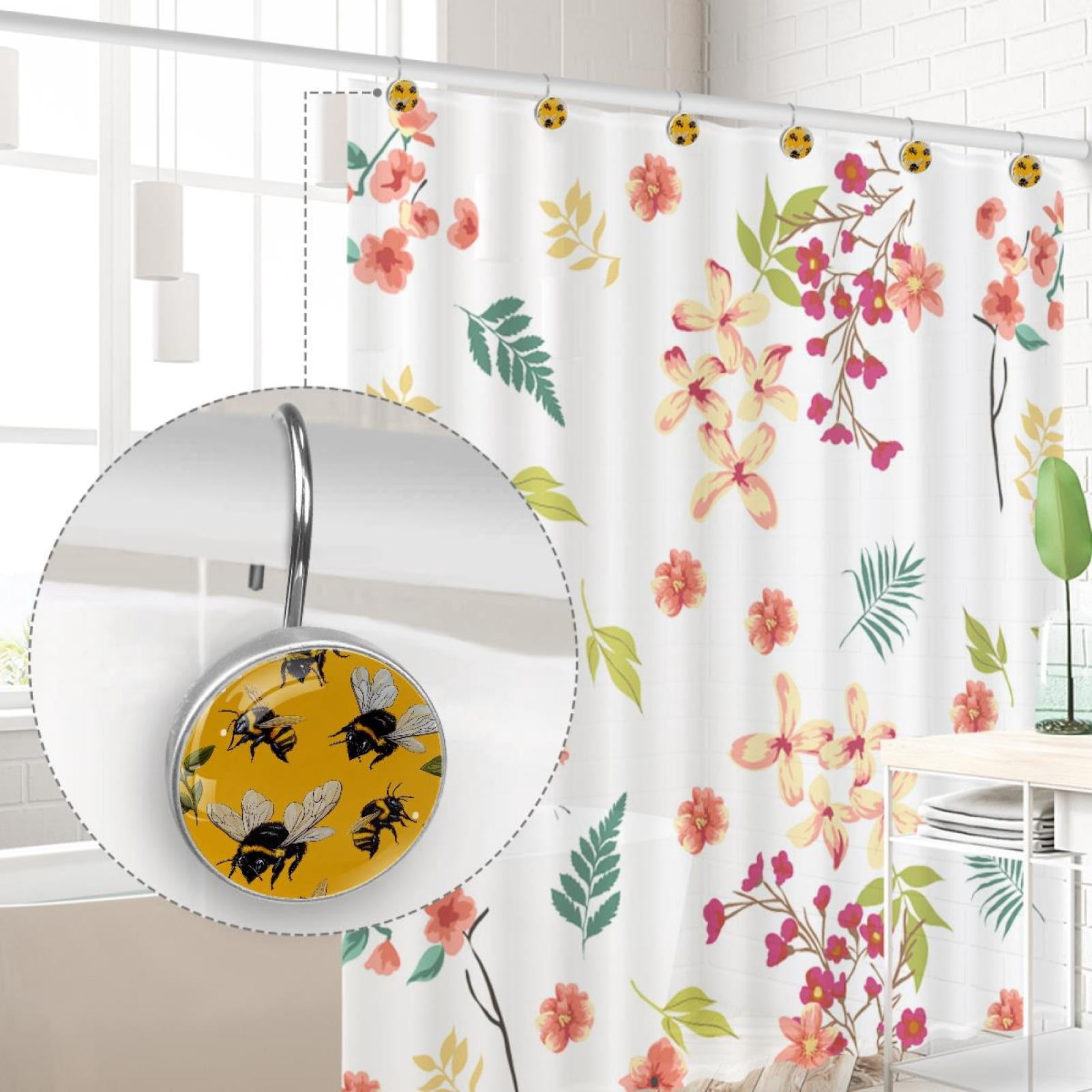 Honey Bees White Daisy Shower Curtain Hooks Round Crystal Glass, Set of 12 Shower Curtain Rings - Shower Hooks for Curtain Shower Rings