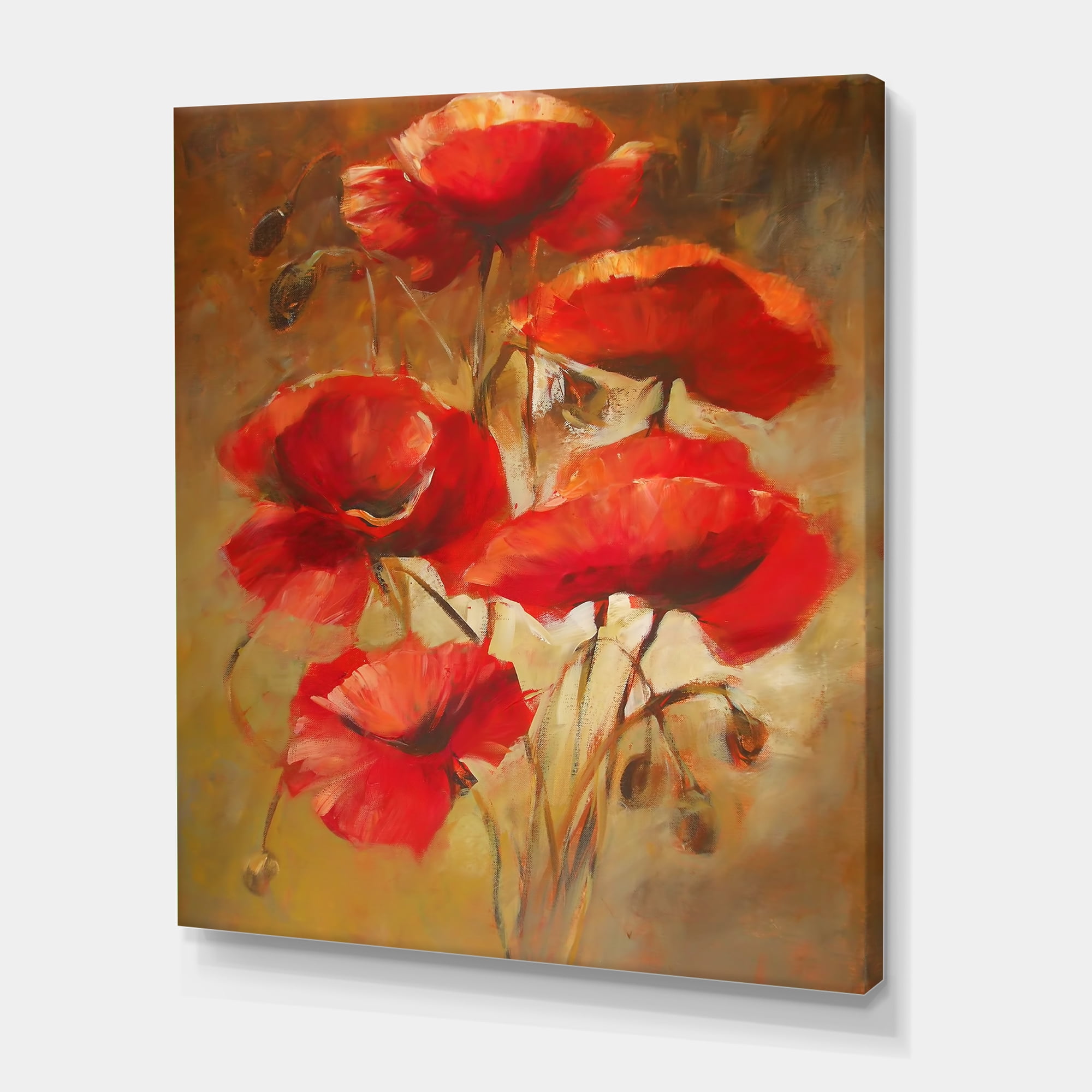 Designart ' Red Blossoming Poppies Over Wild Brown I ' Traditional Canvas Wall Art Print
