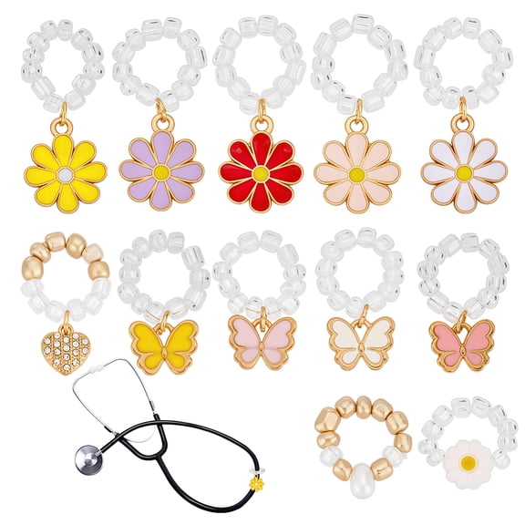 12Pcs 12 Styles Daisy Butterfly Stethoscope Charms Heart Stethoscope Charms Alloy Stethoscopes ID Name Tag Charm Pearl Stethoscopes Accessories