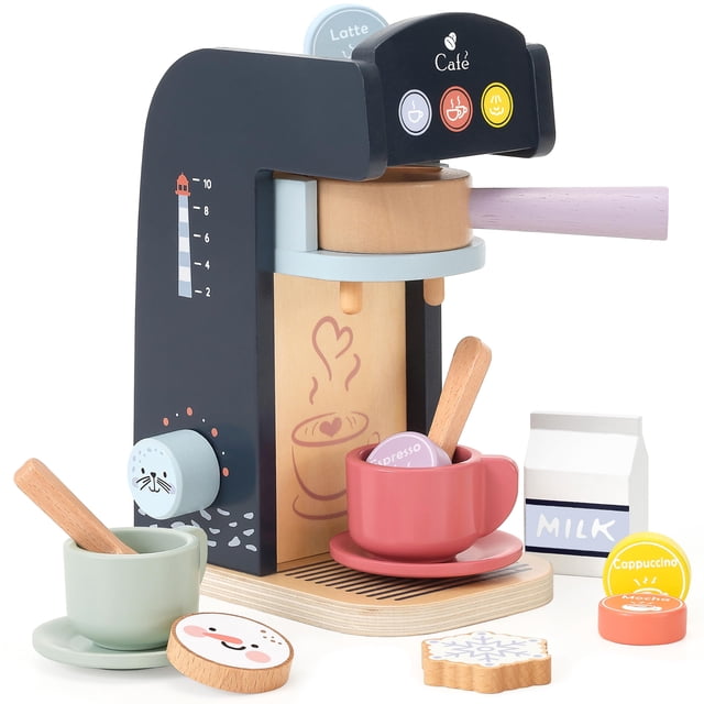 Cafetera de madera Playset PairPear, 13 piezas, juguete para niños