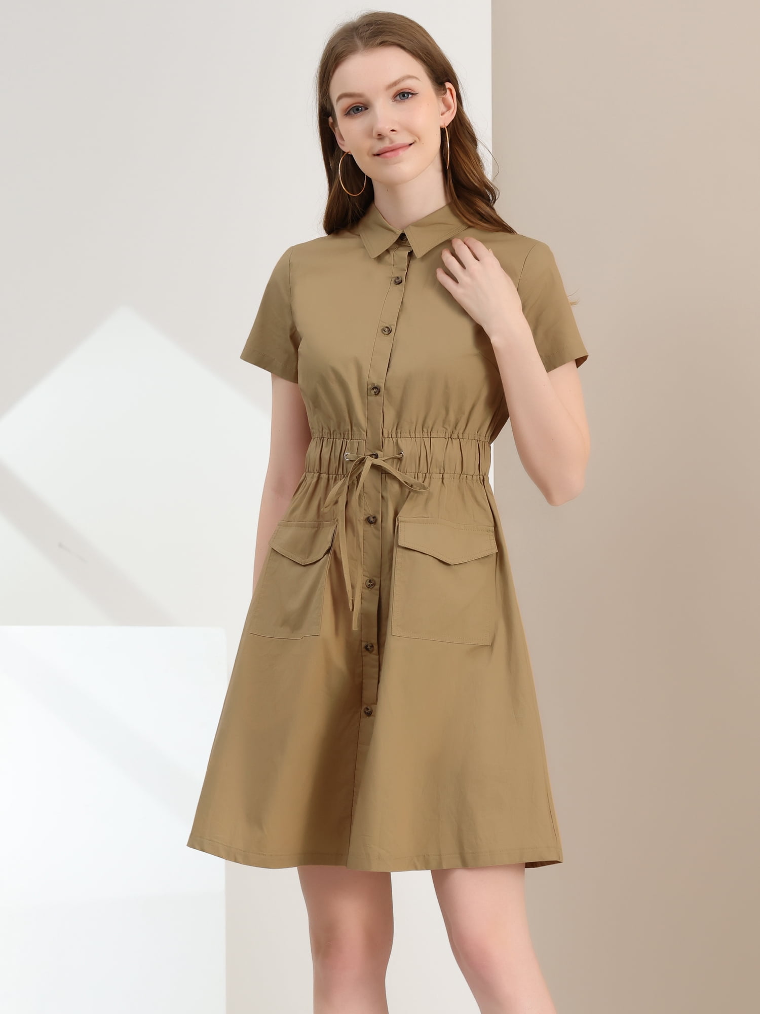 DARING DIVA Collar Elastic Waist Above Knee Dress with Pocket XS Khaki