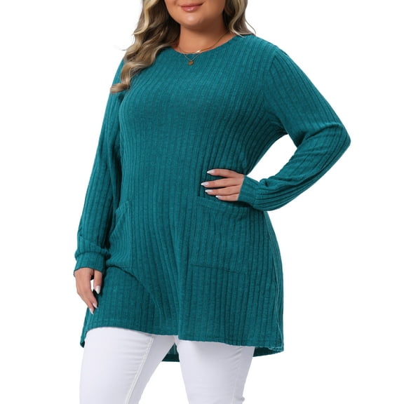 DARING DIVA Plus Size Sweaters Round Neck Knit Loose Pocket Pullover Top 1X Lake Blue