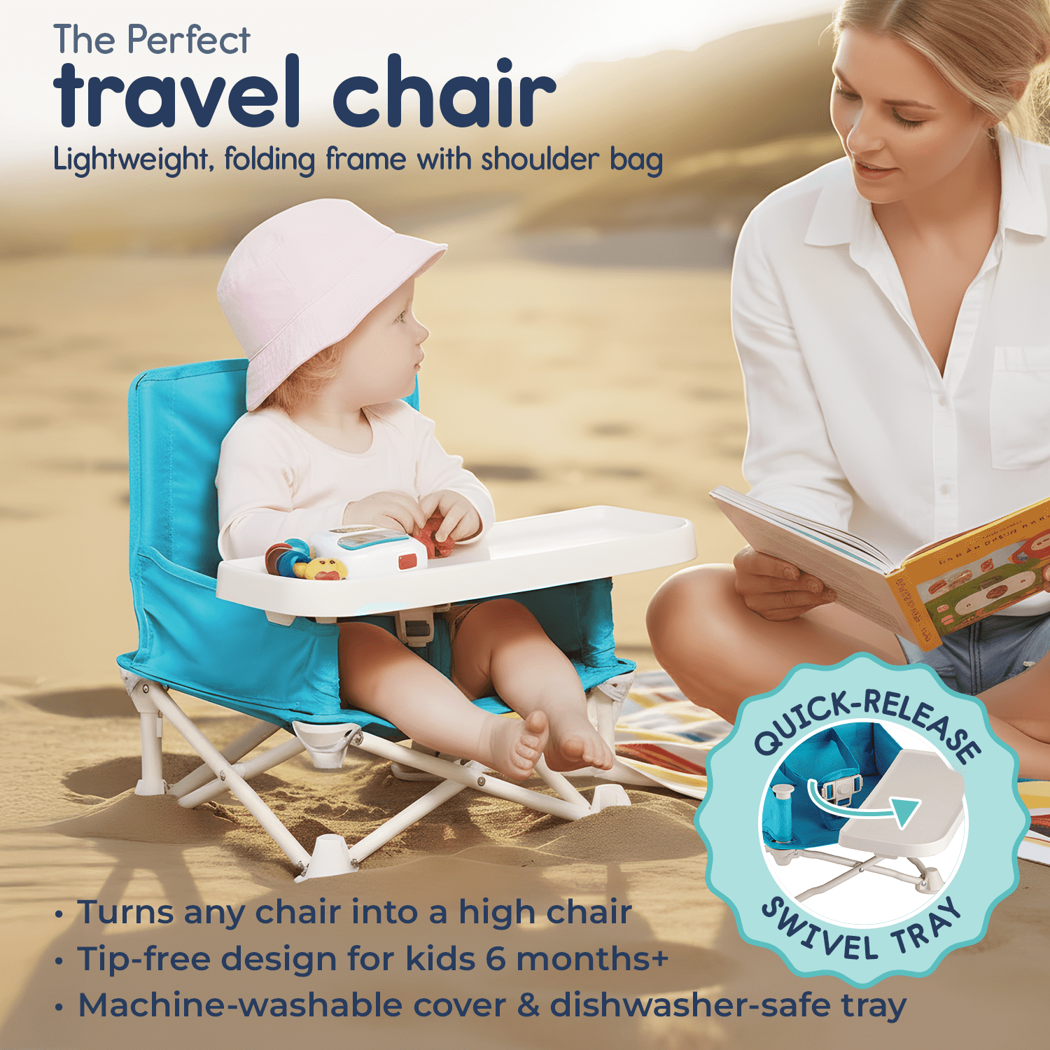 Hiccapop OmniBoost Travel Booster Chair with Tray, Folding Portable Booster Seat for Dining Table, Camping, Beach, Grandma’s, Tip-Free Design, Blue