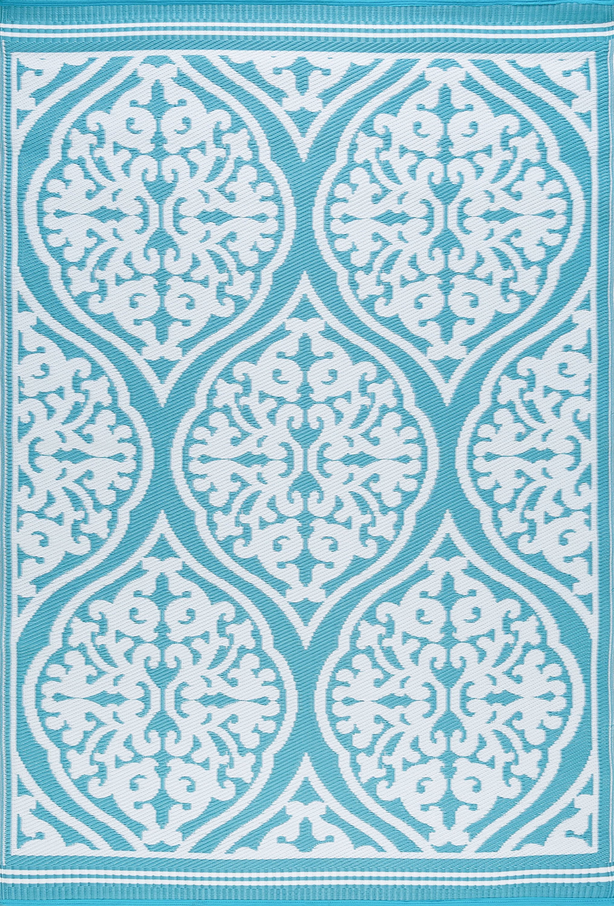 5x7 Reversible Aqua and White Polypropylene Outdoor Damask Area Rug