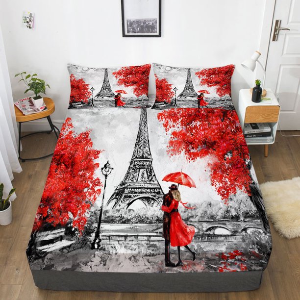 Fitted Sheet Polyester Woman Highend 3D Eiffel Tower Printed Bed Sets