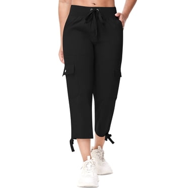 Muvtei Women's Cargo Capris Hiking Pants for Camping Outdoor Athletic Casual Loose Comfy Elastic Waist with Pockets Quick Dry Black L
