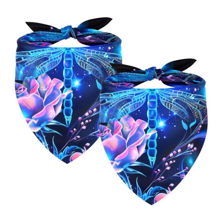 PhooArto Neon Dragonfly Rose Glowing Stars Dog Bandanas 2 Pack Soft Washable Pet Scarf Triangle for Large Dogs Puppies and Cats
