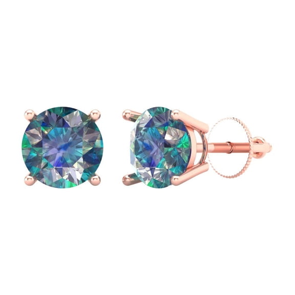 3 ct Screw-Back Stud Earrings for Women | 7.5mm Round Cut Blue Moissanite | 18K Rose Gold