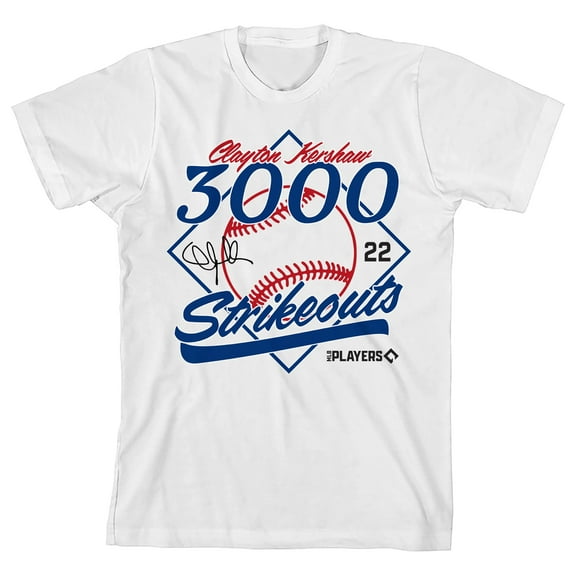 Clayton Kershaw, 3000 Strike outs, 22 on White Short Sleeve Youth T-Shirt-XS