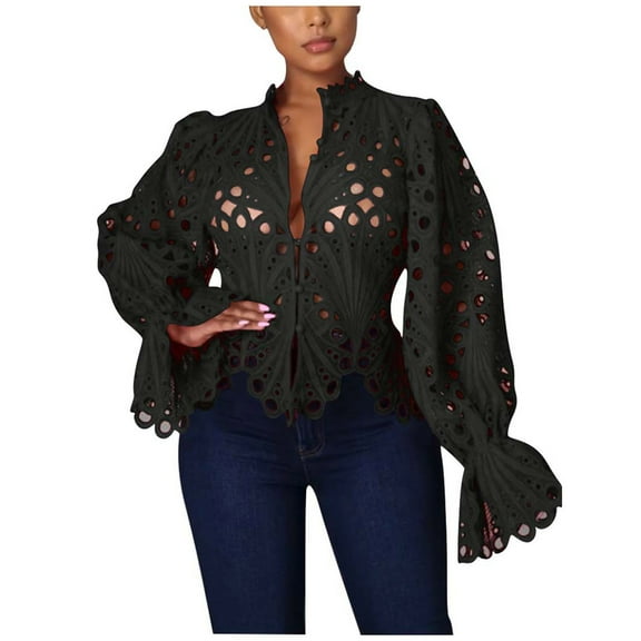 Dyegold Summer Tops for Women 2023, Lace Crochet Blouses for Women Fashion 2023 Casual Tunics Sexy Hollow Out Flare Long Sleeve Tees Shirt V Neck Tunic Tops