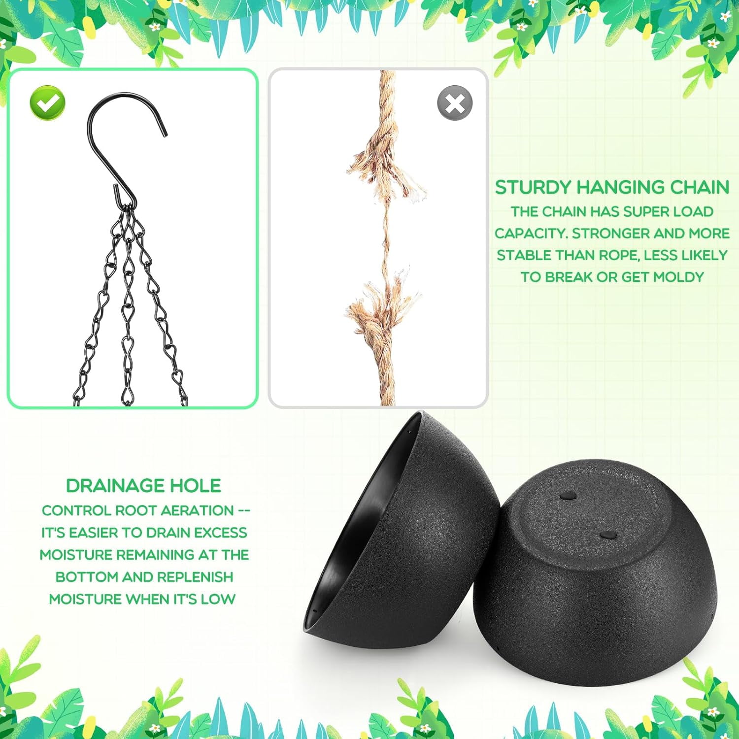 KitchenKey 4 Pack 13 Inch Large Hanging Planters Indoor Outdoor Flower Pots, Plant Containers with Drainage Hole Round Hanging Plant Pot for Home Garden Porch Balcony Patio Decor(Black)