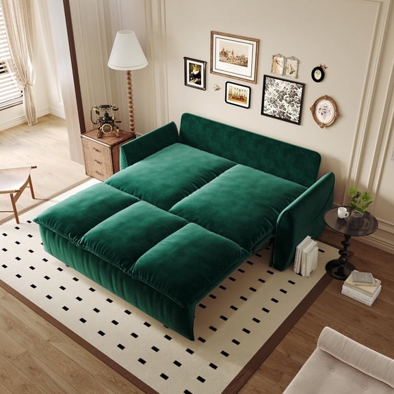 70.9”W Big Full Size Futon Sofa Bed, Convertible Sleeper Sofa Bed with 2 in 1 Pillow and Blanket, 2 Seater Pull Out Couch, Comfy Velvet Couches for Living Room, Small Space, Apartment, Green