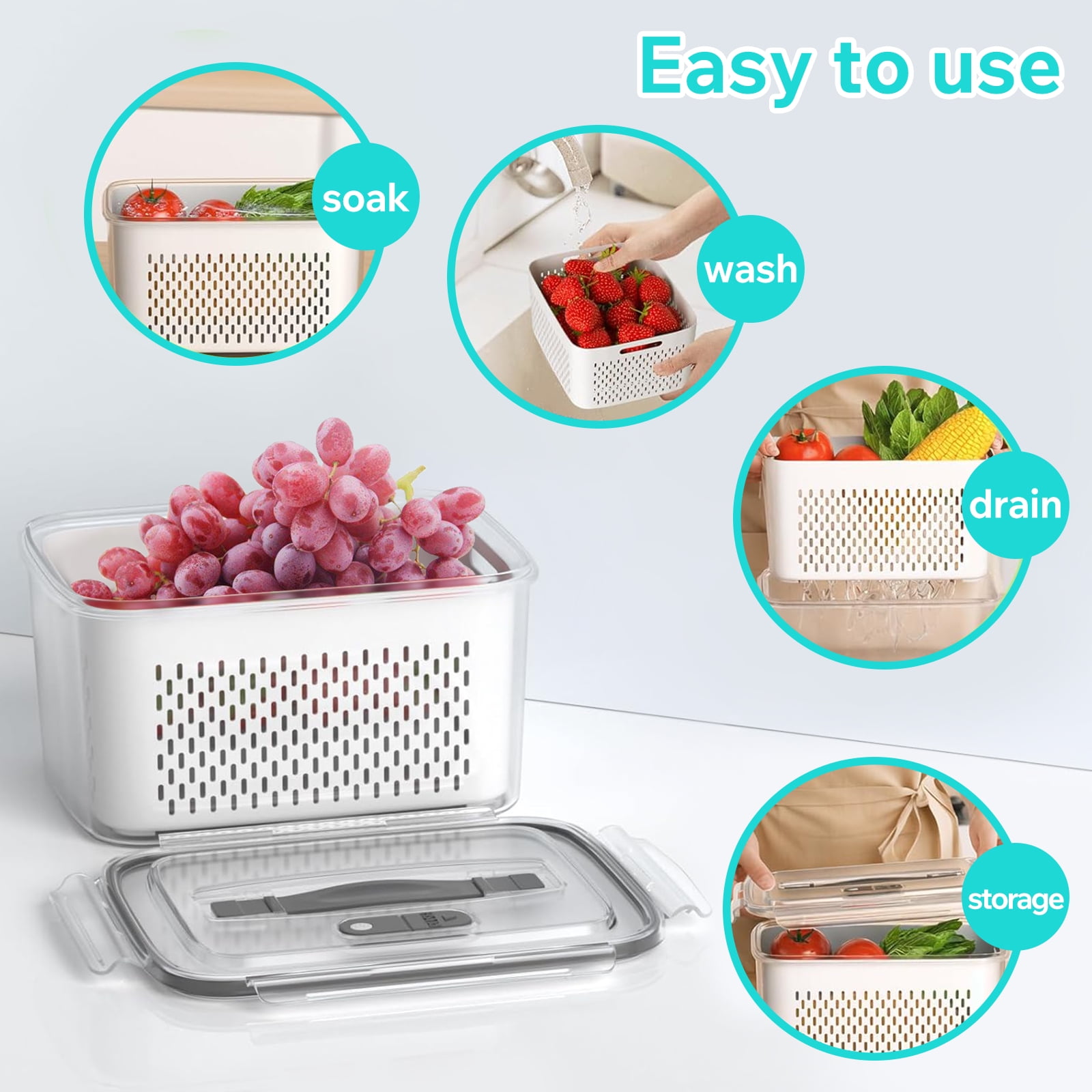5-Pack Fruit Storage Containers for Fridge, Fridge Organizer Refrigerator Organizer Bins with Lids, Airtight Food Storage Container with Removable Colander