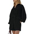 thumbnail image 2 of 2 Piece Outfits Button Down Shirt Top and Shorts Casual Lounge Sets Black L, 2 of 6