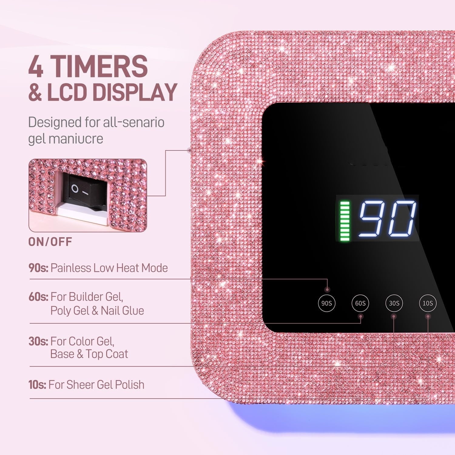 Cordless UV LED Nail Lamp for Gel Nails, Rechargeable UV Light, Professional Nail Dryer with 4 Timers, Automatic Sensor and Sensitive Mode for Fast Curing, Pink Diamond